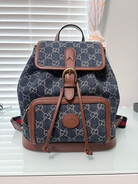 Gucci Interlock GG Denim Backpack with Brown Leather Trim
